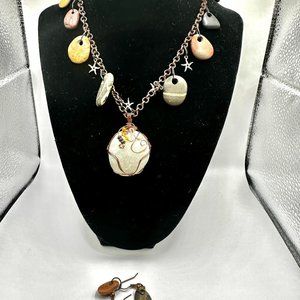 15" Beaded Natural Jasper and Ocean Stone Pendant Necklace and Earrings